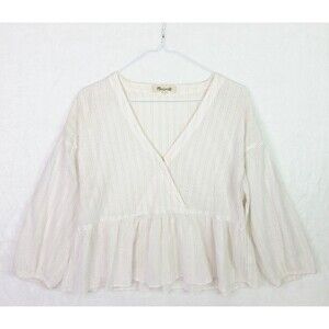 Women's Madewell Bubble-Sleeve Peplum Top White Pink Metallic Stripes Sz L Large